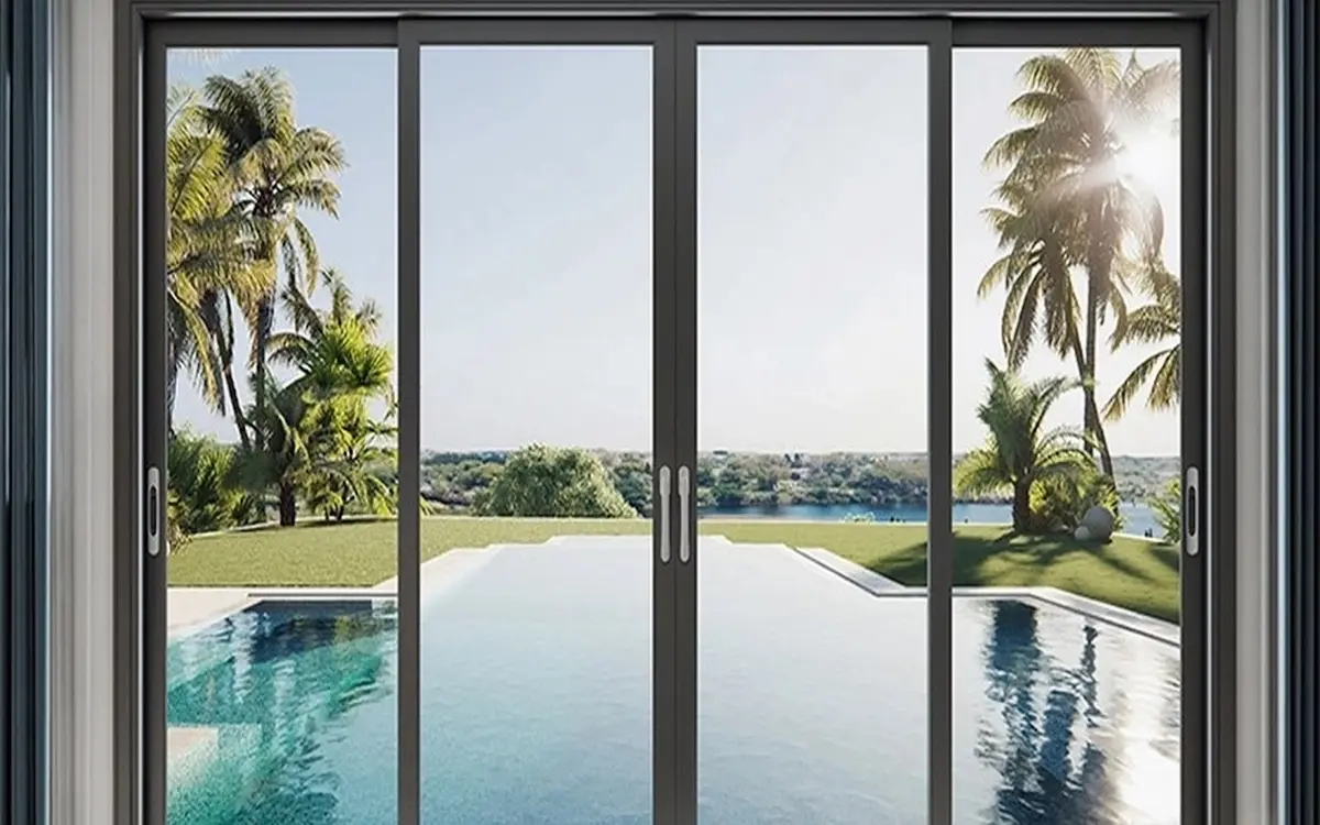 Newly installed modern multi-panel sliding glass doors overlooking a pool