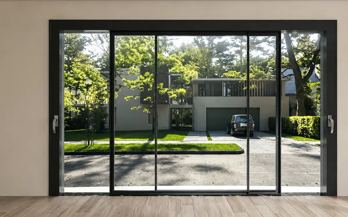Modern black-framed sliding glass doors repaired and sliding smoothly