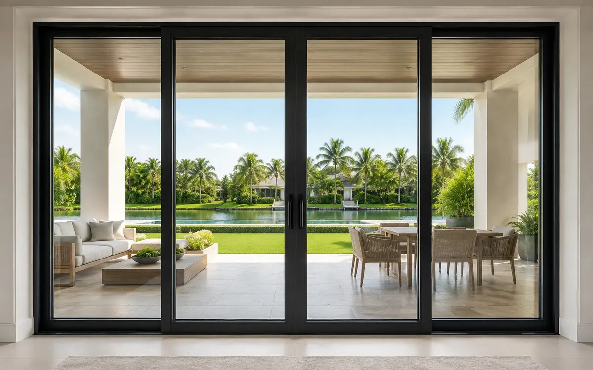 Wide black-framed sliding glass doors opening to a pool and waterway at a St. Augustine coastal home