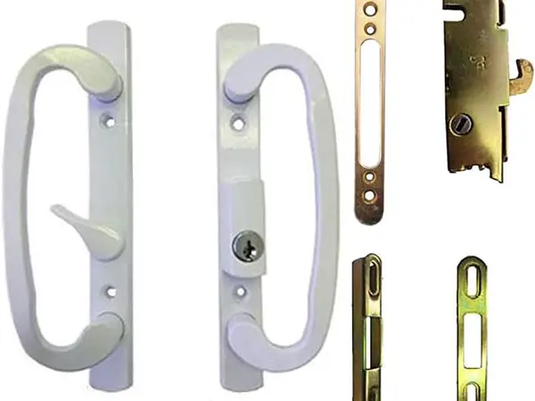 Sliding door handle set, mortise lock, and keepers for a lock repair