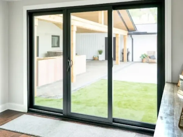 Interior black-framed sliding glass door restored to smooth operation